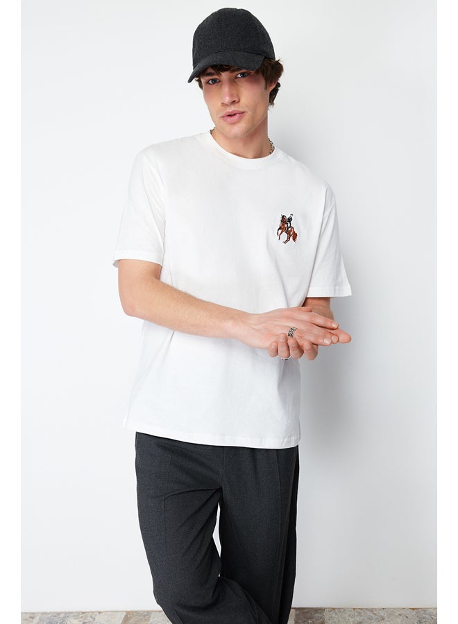 trendyol Ecru Men's Relaxed/Comfortable Cut Horse/Animal Embroidery Short Sleeve  T-Shirt - Image 4