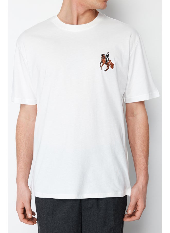 trendyol Ecru Men's Relaxed/Comfortable Cut Horse/Animal Embroidery Short Sleeve  T-Shirt - Image 2