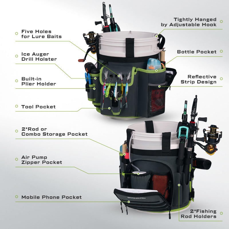 Boomistry Fishing Bucket Organizer for 5 Gallon Bucket Accessories, Fishing Tackle Bag with Adjustable Buckle, Fishing Rod Bag with 15 Multi-Pockets for Fishing Gear and Equipment (Dark Gray) - Image 3
