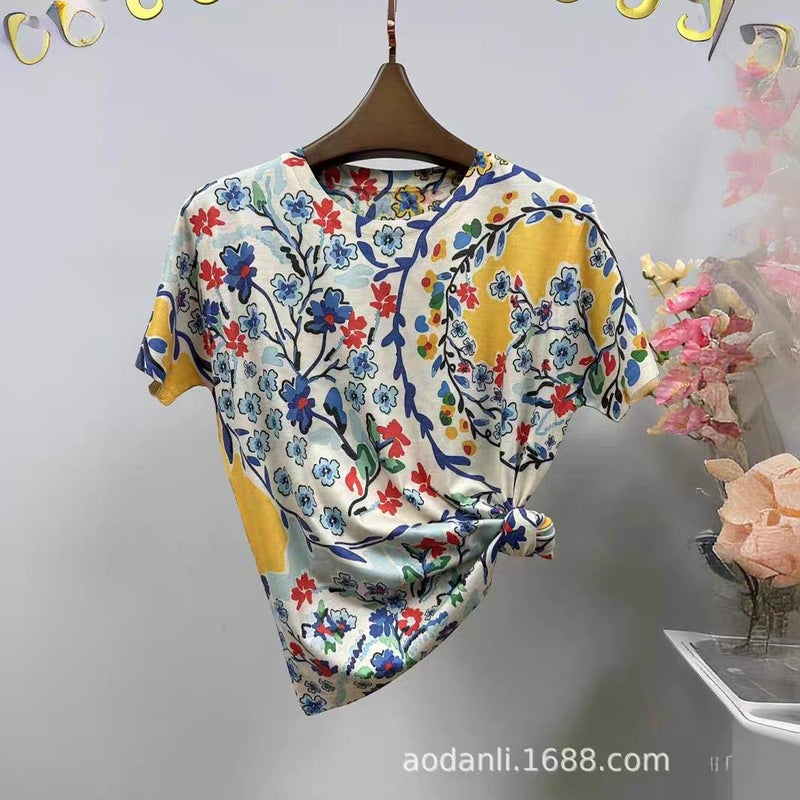New Women'S Summer Women'S Printed Baby Cotton Elegant All-Match Casual Loose Round Neck Pullover Short - Image 1