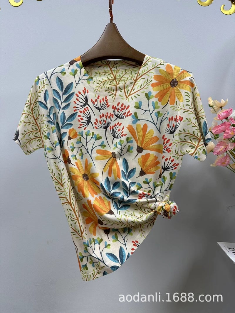 New Women'S Summer Women'S Printed Baby Cotton Elegant All-Match Casual Loose Round Neck Pullover Short - Image 3
