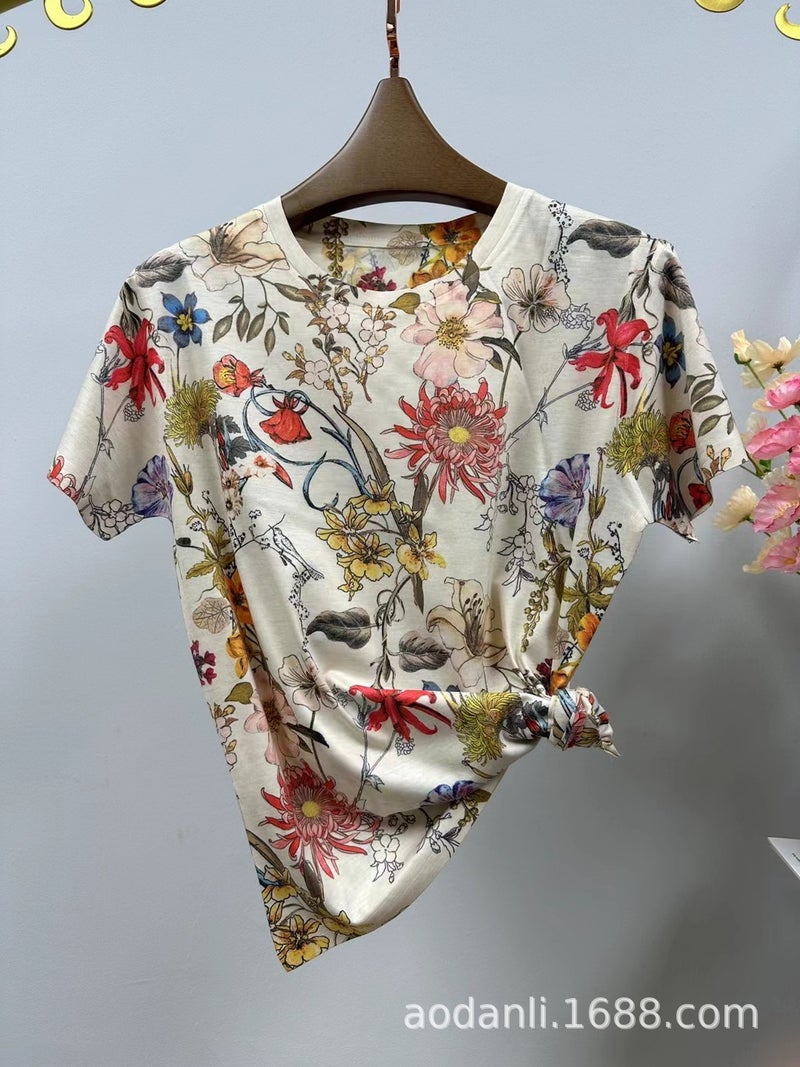 New Women'S Summer Women'S Printed Baby Cotton Elegant All-Match Casual Loose Round Neck Pullover Short - Image 4