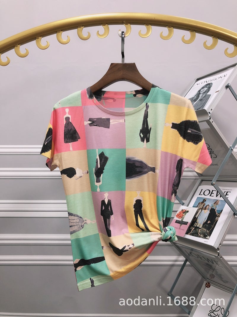New Women'S Summer Women'S Printed Baby Cotton Elegant All-Match Casual Loose Round Neck Pullover Short - Image 2