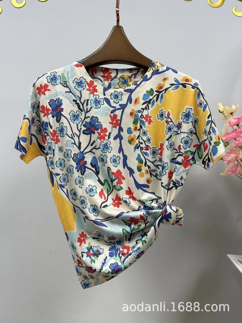 New Women'S Summer Women'S Printed Baby Cotton Elegant All-Match Casual Loose Round Neck Pullover Short - Image 5