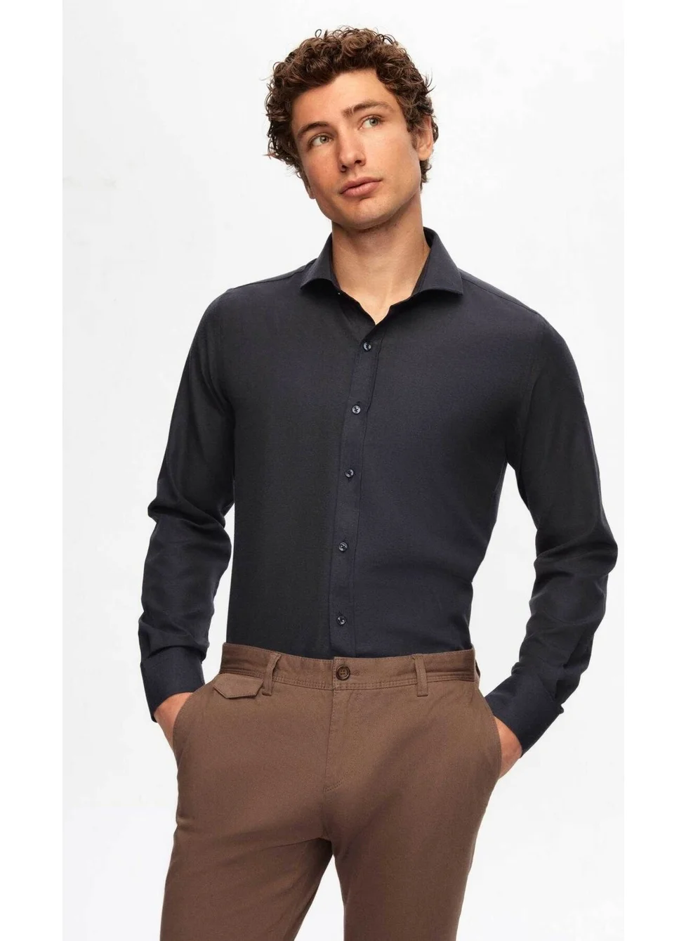 D'S DAMAT Slim Fit Navy Blue Italian Collar Slim Cut Classic Tie Long Sleeve Easy Ironable Ne 2HF02ORT5185