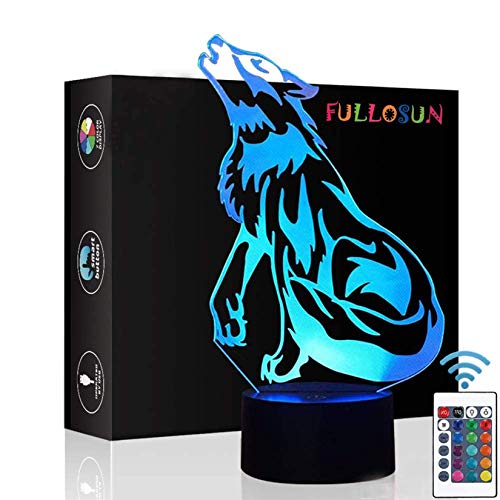 FULLOSUN Wolf Gifts, 3D Night Light for Kids Optical Illusion Lamp Co-Sleeping,Remote Controller with 16 Color Changing Birthday Gifts & for Kids, Boys & Men - Image 1