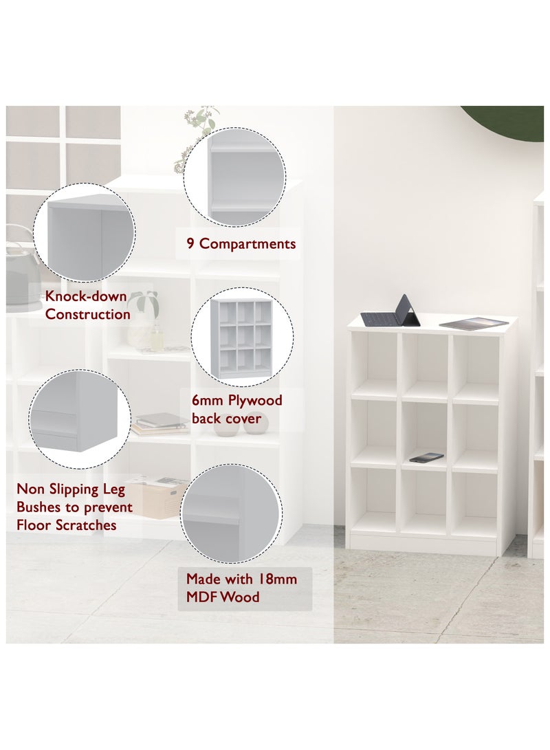 Mahmayi Mahmayi Wooden Display Shelves with 9 Storage Compartment, Freestanding, Top Shelf for Decoration Ideal for Storing Book, Files, Showpieces - White - Image 4