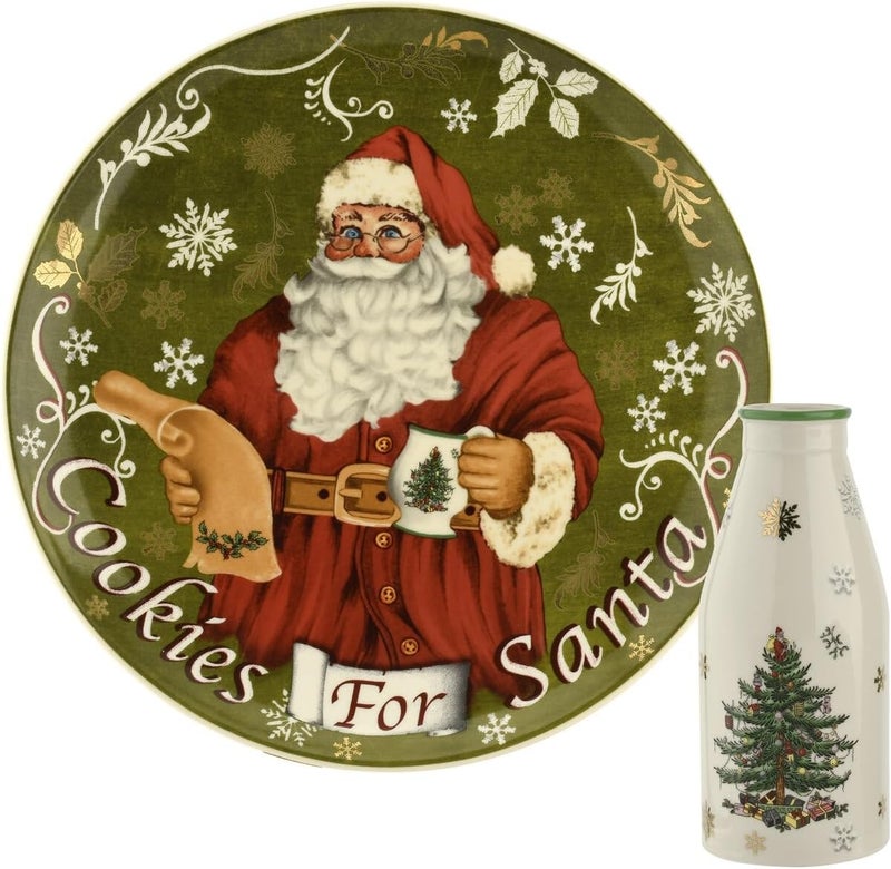 Spode Spode Christmas Tree Plate and Bottle Set 2Piece  85 Porcelain Cookies for Santa Plate  10 Oz HolidayThemed Jug Dishwasher Safe Festive Collectible Seasonal Gift Set - Image 1
