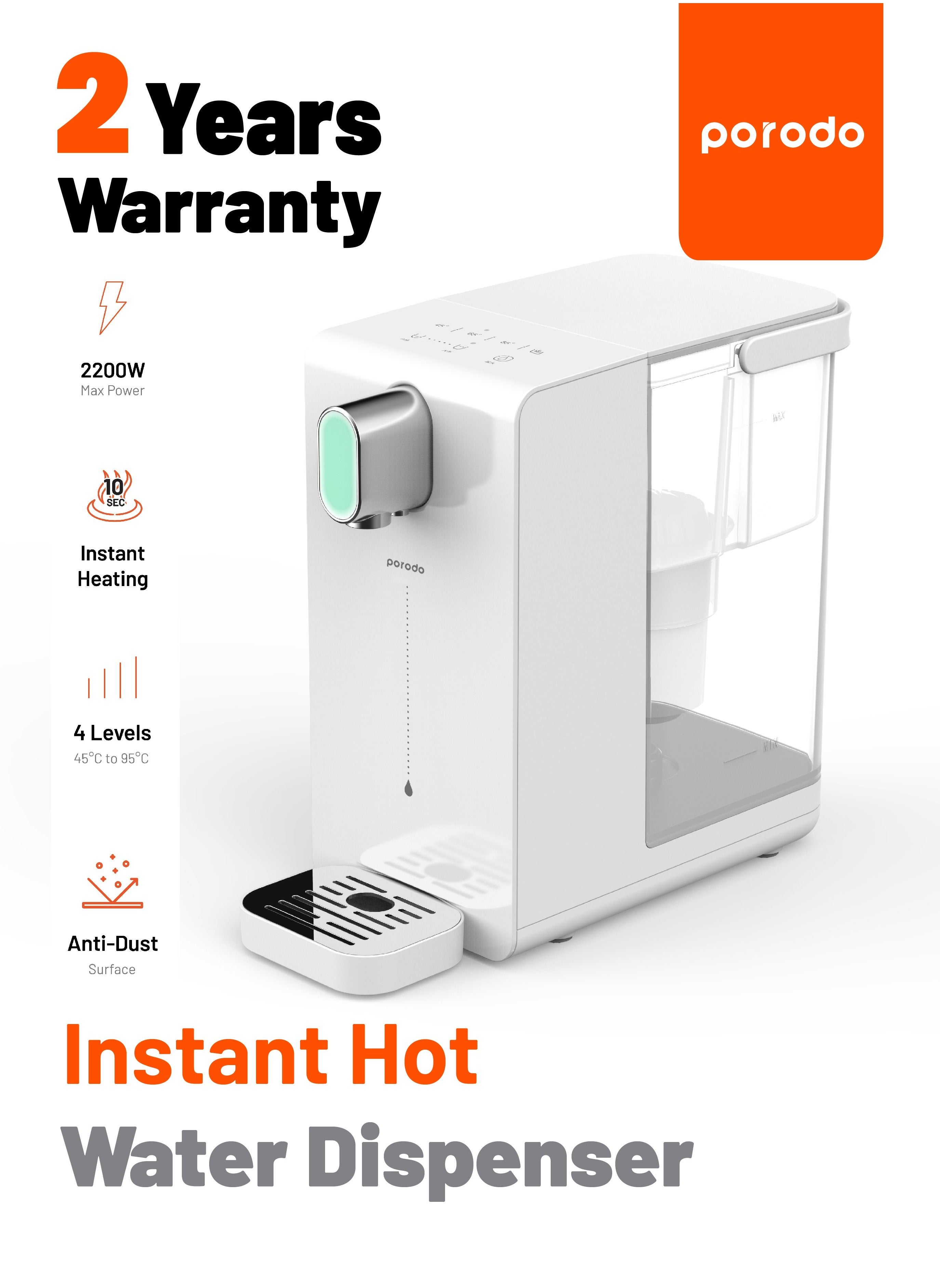 porodo Instant Hot Water Dispenser With Automatic Ambient Lighting UK 3Pin Power Cord Length 1m, 2200W Max Power, w, 20L/h Hot Water Capacity, 4 Levels of Temperature/ Anti-Dust/ W 