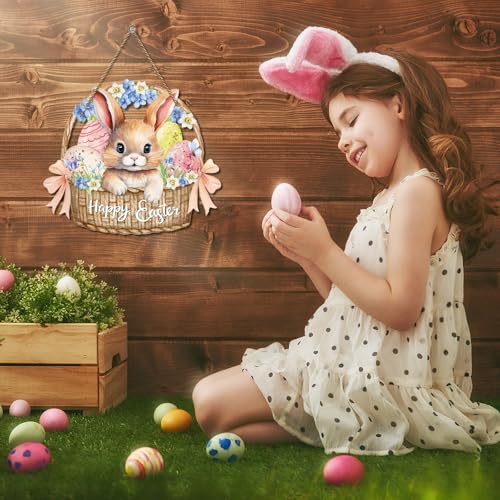 HEYINSHEN Happy Easter Door Sign Easter Door Hanger Bunny Wall Decor Bunny Hanging Sign for Front Door Welcome Spring Wreath Spring Hanger Craft for Holy Week Farmhouse Indoor Outdoor Home Decorations - Image 4