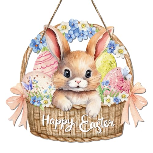 HEYINSHEN Happy Easter Door Sign Easter Door Hanger Bunny Wall Decor Bunny Hanging Sign for Front Door Welcome Spring Wreath Spring Hanger Craft for Holy Week Farmhouse Indoor Outdoor Home Decorations - Image 1