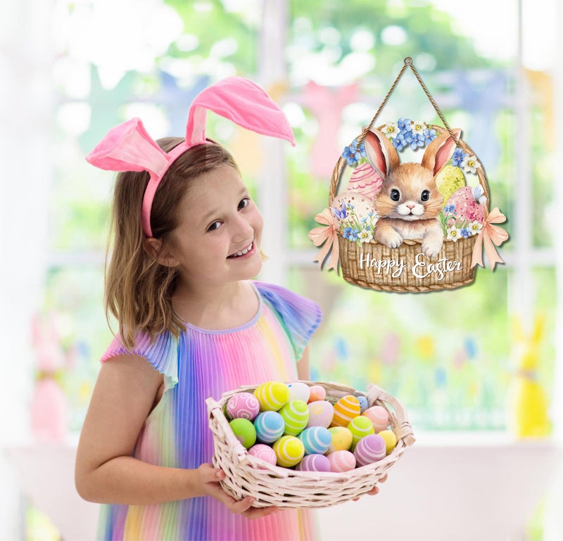 HEYINSHEN Happy Easter Door Sign Easter Door Hanger Bunny Wall Decor Bunny Hanging Sign for Front Door Welcome Spring Wreath Spring Hanger Craft for Holy Week Farmhouse Indoor Outdoor Home Decorations - Image 3