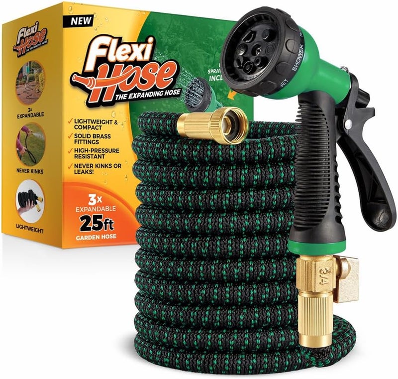 Flexi Hose خرطوم مرن بفوهة ذات 8 وظائف، طوله 25 قدمًا – خرطوم حديقة خفيف الوزن وقابل للتمدد، لا يتكون فيه تشابك، موصلات من البرونز الصلب بقطر 3/4 بوصة، ونواة مزدوجة من المطاط – اللون أخضر - Image 1