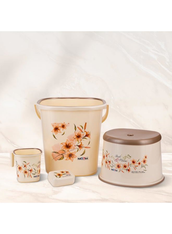 NAYASA Plastic Square DLX 4 Pcs Bathroom Set | Bucket 18 L + Mug 1.5 L + 508 DLX Stool + Soap Case | Bathroom Set | Bath Set for Bathroom | Cream - Image 1