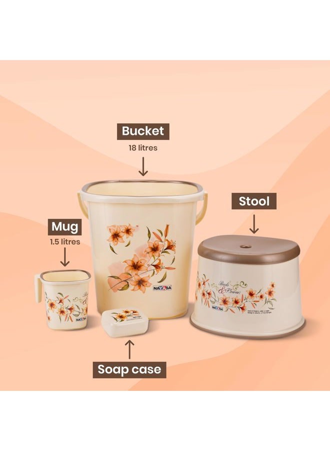 NAYASA Plastic Square DLX 4 Pcs Bathroom Set | Bucket 18 L + Mug 1.5 L + 508 DLX Stool + Soap Case | Bathroom Set | Bath Set for Bathroom | Cream - Image 5