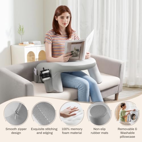 WOGAHEV Reading Pillow for Bed, Lap Desk for Laptop, Memory Foam Arm Rest Support Gaming Pillow with Cup/Phone Pocket, Laptop Lap Desk for Working, Gaming, Reading on Couch Bed Floor- Grey - Image 3