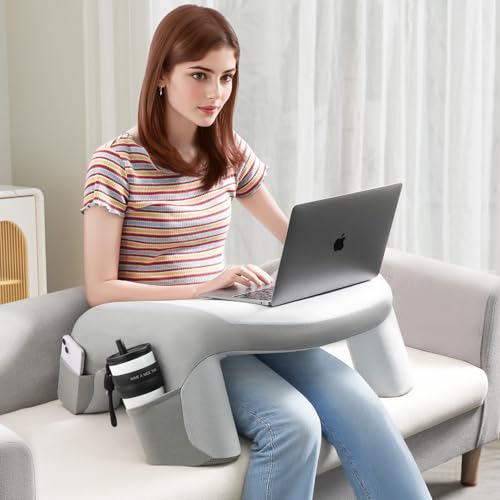 WOGAHEV Reading Pillow for Bed, Lap Desk for Laptop, Memory Foam Arm Rest Support Gaming Pillow with Cup/Phone Pocket, Laptop Lap Desk for Working, Gaming, Reading on Couch Bed Floor- Grey - Image 2