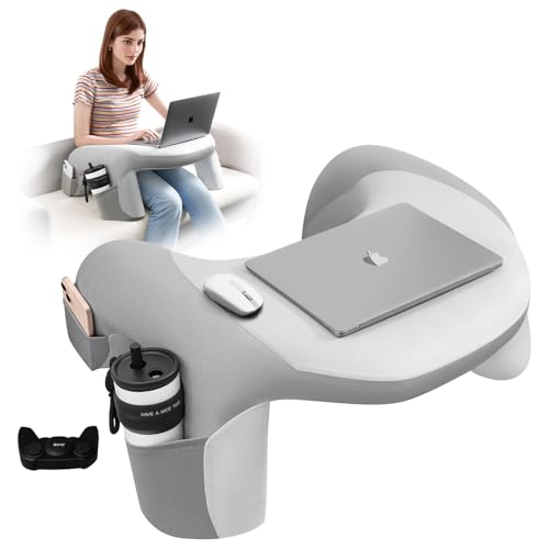 WOGAHEV Reading Pillow for Bed, Lap Desk for Laptop, Memory Foam Arm Rest Support Gaming Pillow with Cup/Phone Pocket, Laptop Lap Desk for Working, Gaming, Reading on Couch Bed Floor- Grey - Image 1