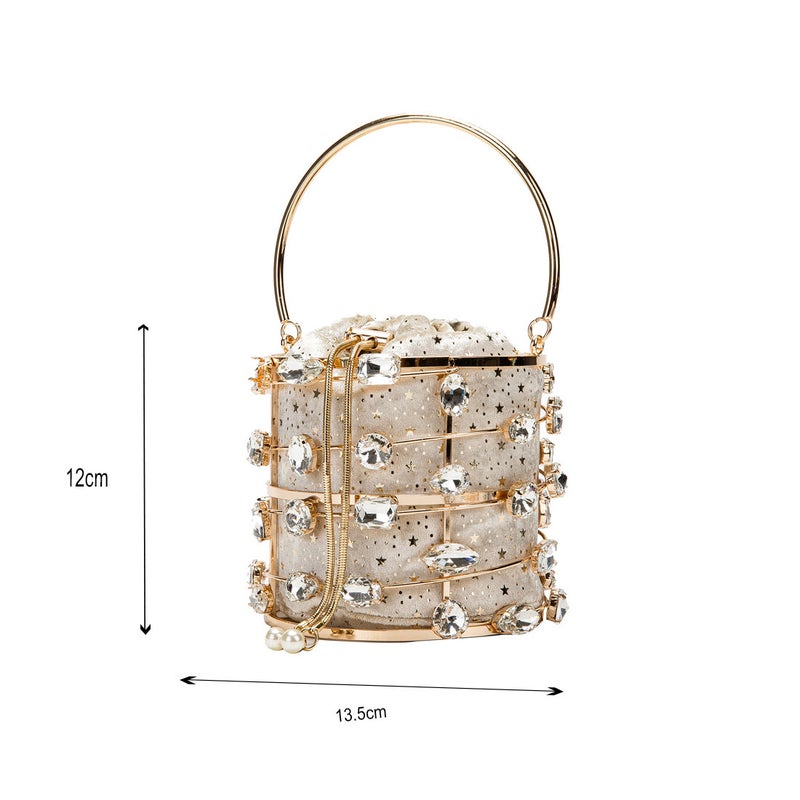 Style Metal Hollow Diamond Handbag Velvet Dinner Bucket Bag Pearl Chain Crossbody Ring Handbag - Image 5