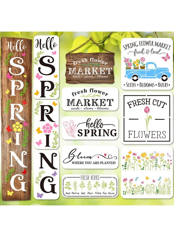 وولاين 10 قطع من استنسل الربيع للرسم، شاحنة الزهور القابلة لإعادة الاستخدام، قوالب رسم بلاستيكية، مزرعة مرحبًا بالربيع، استنسل فني للزهور من أجل أعمال فنية يدوية على الحائط، لوازم تزيين اللافتات - Image 1