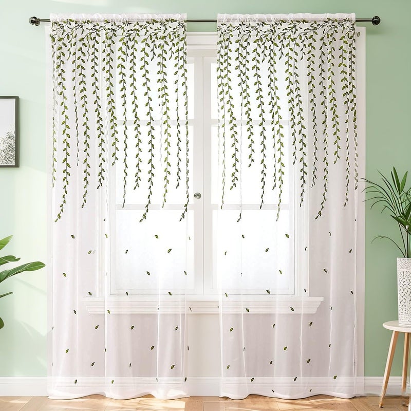 BROSHAN Embroidered Leaf Sheer Bedroom Curtains 84 inches Long Olive Green Vine Pattern Voile Drapes White Lace Window Curtain Set 2 Panels for Living Room