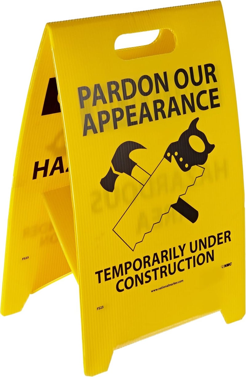 NMC FS23 Double Sided Floor Sign, Legend "PARDON OUR APPEARANCE TEMPORARILY UNDER CONSTRUCTION CAUTION HAZARDOUS AREA" with Graphic, 12" Length x 20" Height, Coroplast, Black on Yellow - Image 2