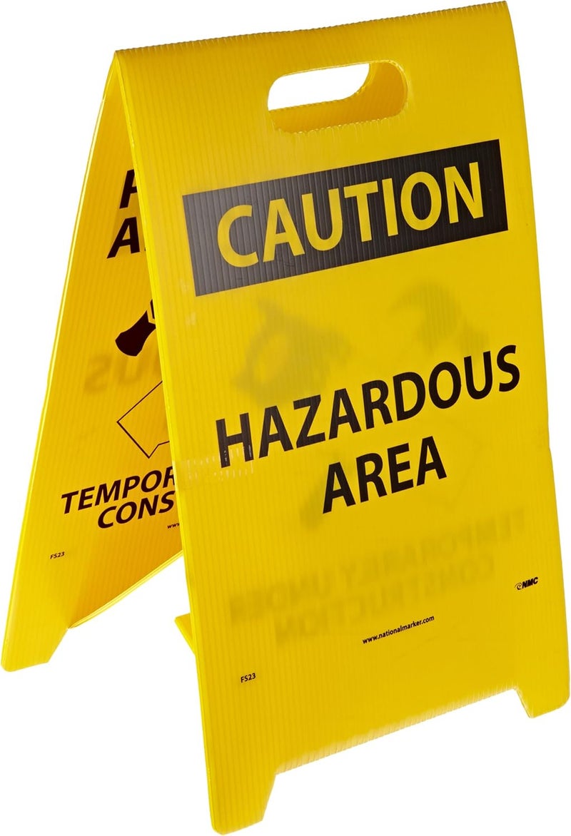 NMC FS23 Double Sided Floor Sign, Legend "PARDON OUR APPEARANCE TEMPORARILY UNDER CONSTRUCTION CAUTION HAZARDOUS AREA" with Graphic, 12" Length x 20" Height, Coroplast, Black on Yellow - Image 1