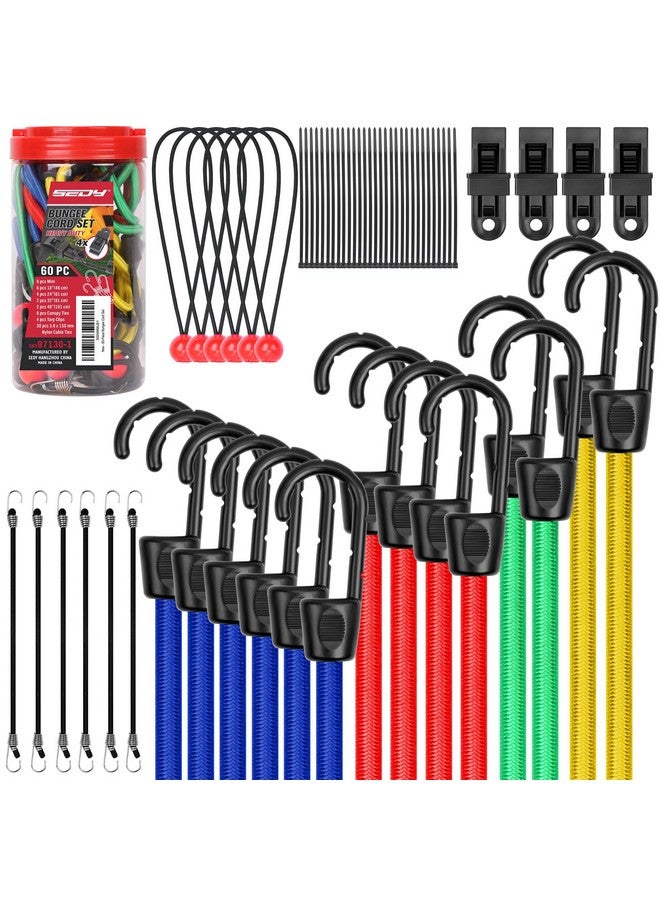 SEDY 60-Piece Bungee Cords Assorted Sizes - 10" 18" 24" 32" 40" Bungee Cords with Hooks, Heavy Duty Outdoor, Large Medium Small Mini Elastic Canopy Tarp Bungees Ball Ties Tarp Clips Organizer - Image 1