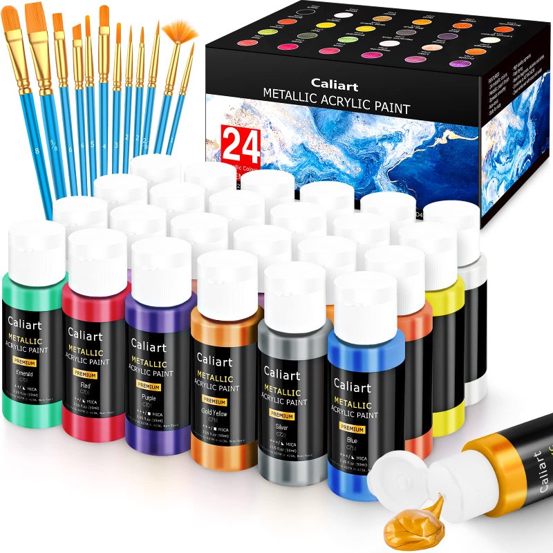 Caliart Metallic Acrylic Paint Set with 12 Brushes, 24 Colors (59ml, 2oz) Art Craft Paints for Artists Students Kids Beginners, Halloween Decorations Canvas Ceramic Wood Rock Painting Art Supplies Kit - Image 1