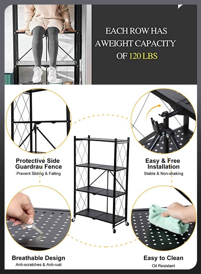 DBLEW 4 Tier Heavy Duty Foldable Metal Rack Storage Shelving Unit with Caster Wheels Floor-standing Organizer Shelves Wire Rack for Home Kitchen Office Garage Laundry Bathroom Shelf - Image 3