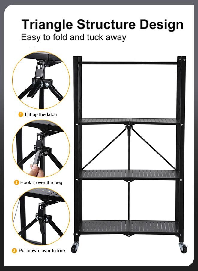 DBLEW 4 Tier Heavy Duty Foldable Metal Rack Storage Shelving Unit with Caster Wheels Floor-standing Organizer Shelves Wire Rack for Home Kitchen Office Garage Laundry Bathroom Shelf - Image 2