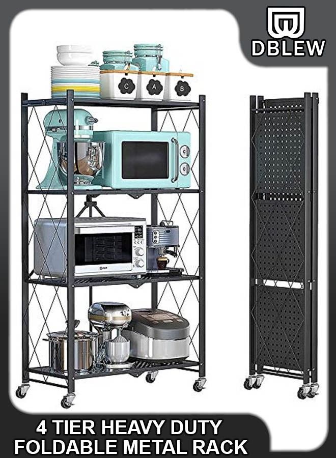 DBLEW 4 Tier Heavy Duty Foldable Metal Rack Storage Shelving Unit with Caster Wheels Floor-standing Organizer Shelves Wire Rack for Home Kitchen Office Garage Laundry Bathroom Shelf - Image 1