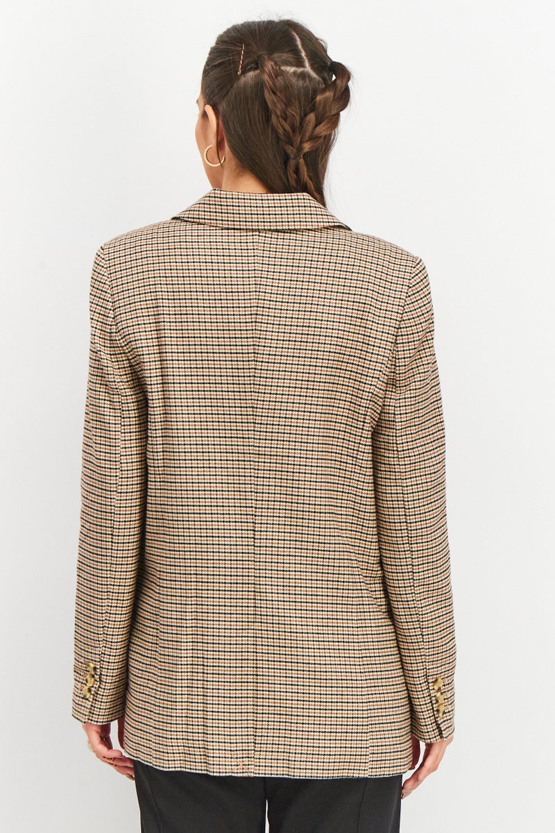 Tchibo Women Comfort Fit Checkered Casual Blazer, Brown Combo  - Image 4