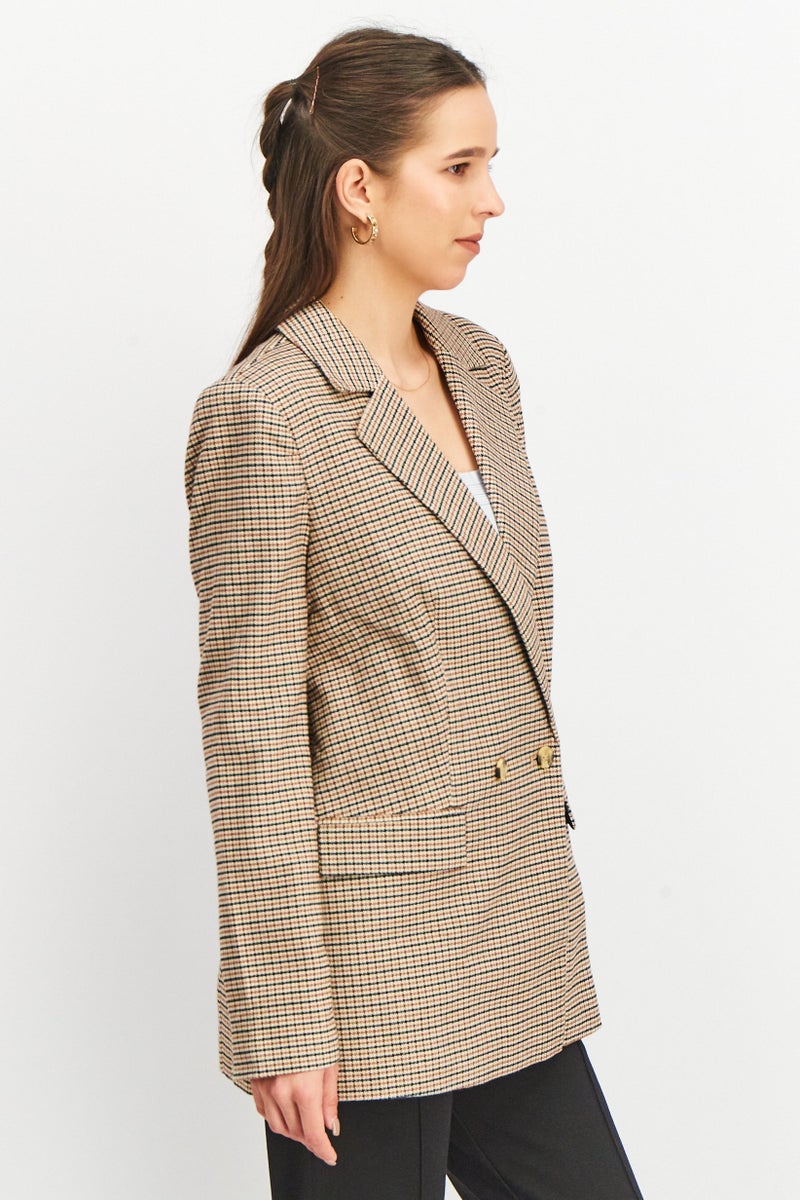 Tchibo Women Comfort Fit Checkered Casual Blazer, Brown Combo  - Image 3