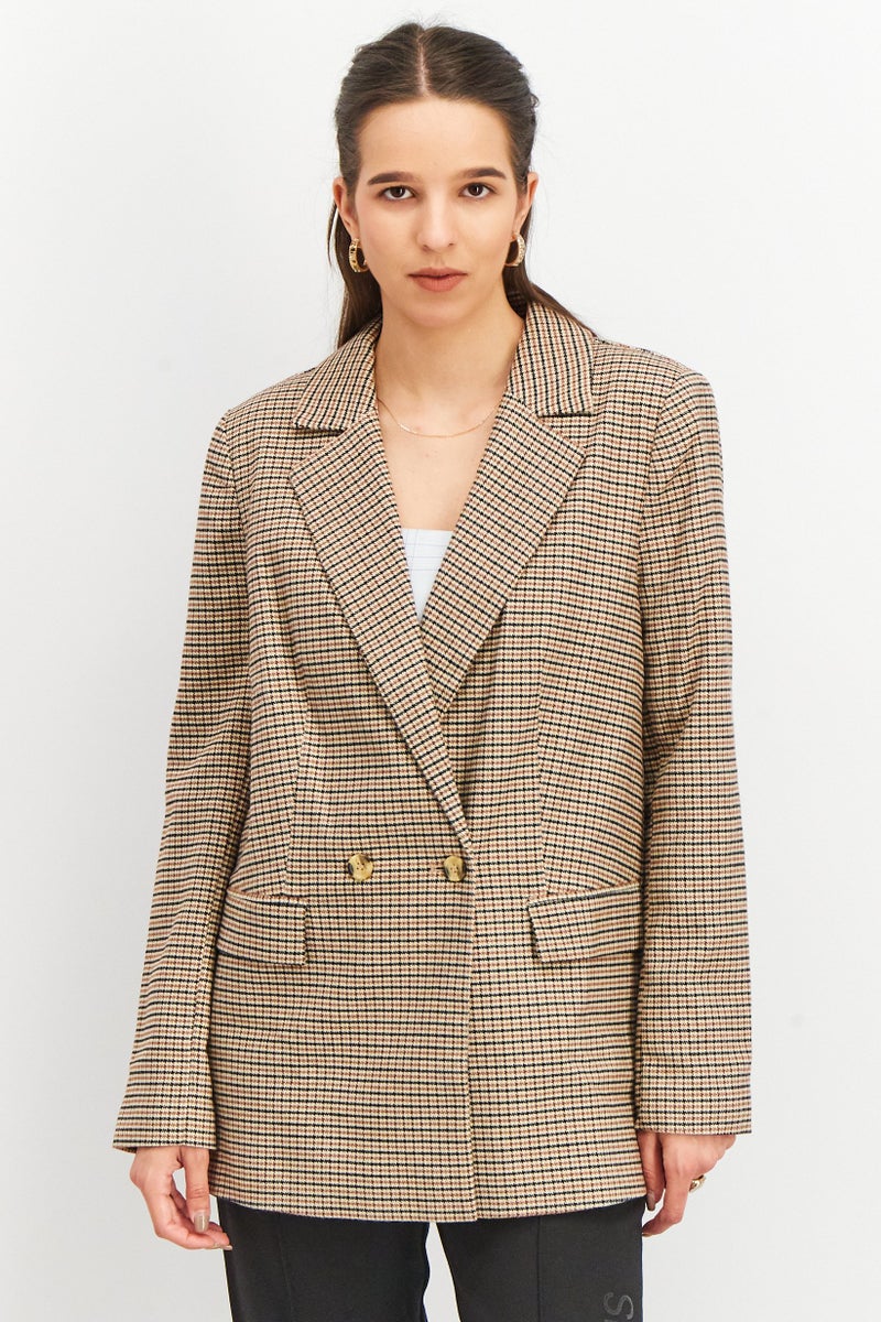 Tchibo Women Comfort Fit Checkered Casual Blazer, Brown Combo  - Image 1
