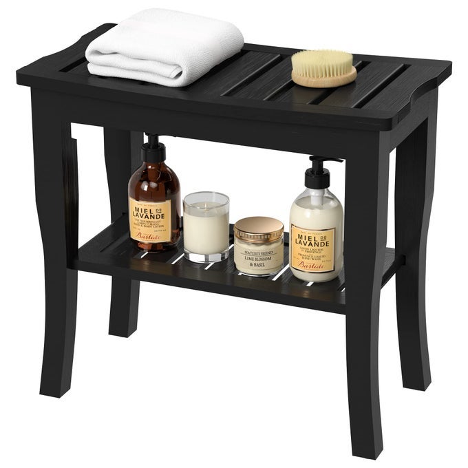 BAMBOO SHOWER BENCHES FOR INSIDE SHOWER BATHROOM BENCH SEAT WATERPROOF WOODEN SHOWER STOOL WITH STORAGE SHELF FOR ADULTS ELDERLY SENIORS WOOD SHOWER CHAIR FOR BATHTUB OR SMALL SPACES BLACK