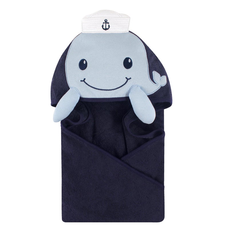 Little Treasure Unisex Baby Cotton Animal Face Hooded Towel, Sailor Whale, One Size - Image 1