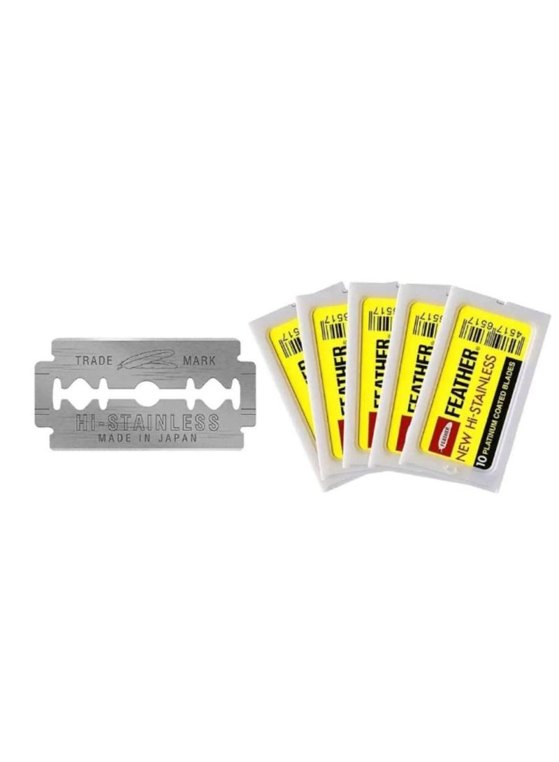Feather New Hi-Stainless Platinum Coated Double Edge Blade 5Packet x 10 Blades