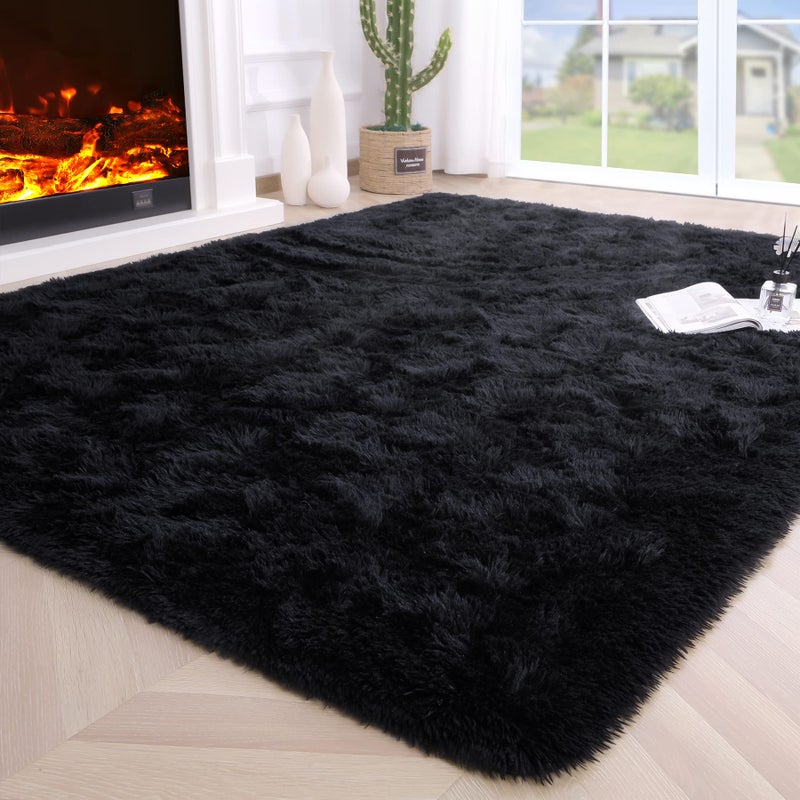 Noahas Fluffy Black Area Rugs for Bedroom Living Room,4x5.3 Feet Thick Shag Throw Floor Carpet,Soft Shaggy Non-Slip Plush Dorm Nursery Kids Rug Home Decor Aesthetic - Image 1