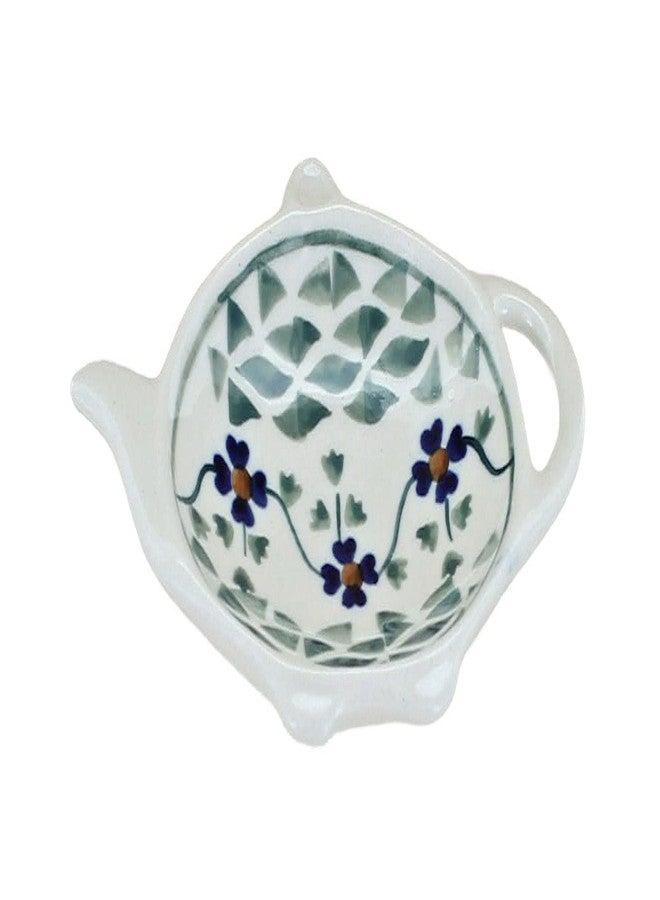 Blue Rose Pottery حامل أكياس شاي من الخزف البولندي "بلو روز" - بنقشة زهور المريمية الخضراء - 4.75 بوصة × 3 بوصات - طبق أكياس شاي من الخزف البولندي، قطعة ديكور أنيقة للمطبخ - Image 1