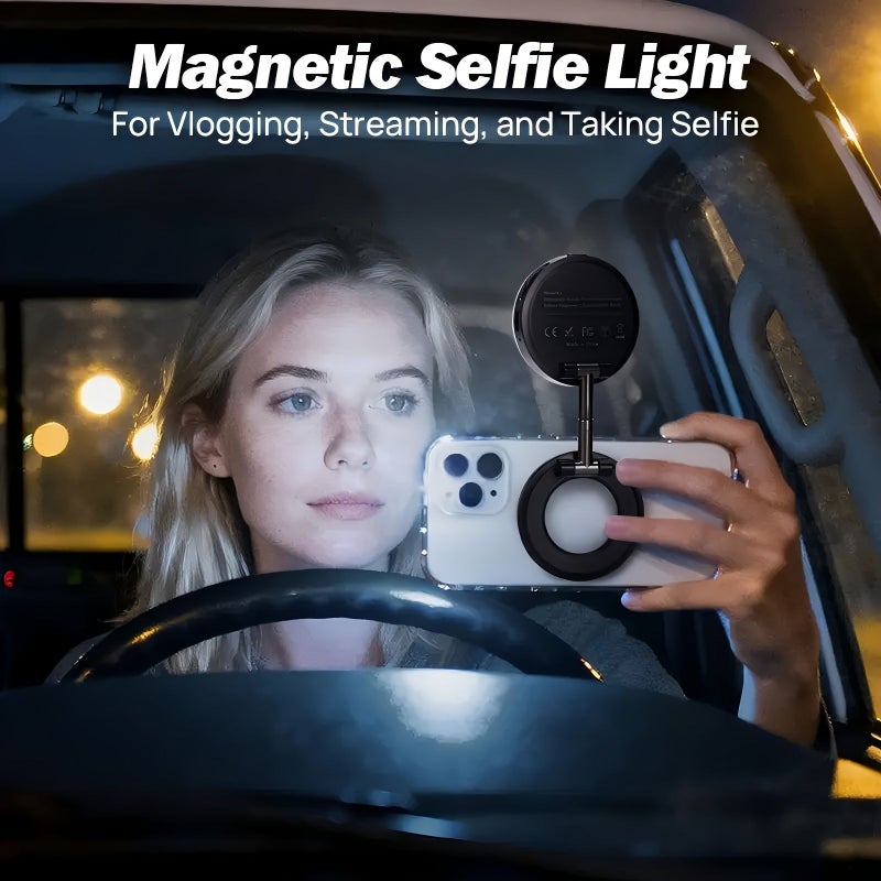 حلقة ضوء سيلفي مغناطيسية بيضاء 360 مصباح LED مع حامل قابل للطي للتصوير بالفيديو بالهاتف - Image 4