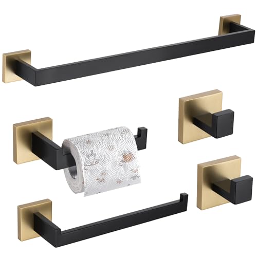TURS 5-Piece Bathroom Hardware Set Black and Gold Towel Bar Sets Include 24 Inch Towel Bar Hand Towel Holder Toilet Paper Holder and 2 Towel Hooks,Stainless Steel Wall Mounted - Image 1
