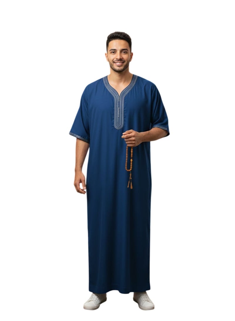 Men's Traditional Moroccan Thobe,Embroidered Neck Kaftan, Full Length Islamic Prayer Robe, Middle Eastern Formal Attire