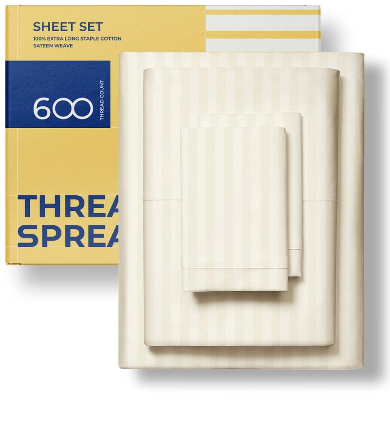 THREAD SPREAD Luxury Egyptian Cotton California King Stripe Sheet Set  600 Thread Count Extra Long Staple 4 PC Set  Cal King Stripe Sheets  Soft  Cooling Striped Sheets Upto 18"" Deep Pocket - Ivory - Image 1