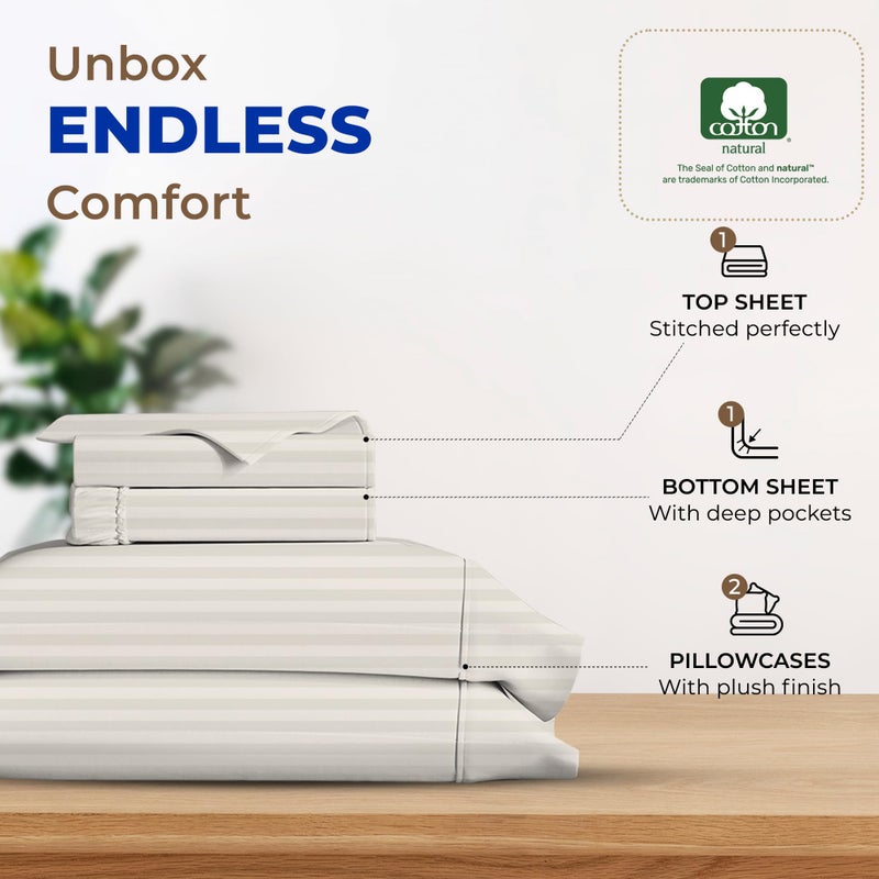 THREAD SPREAD Luxury Egyptian Cotton California King Stripe Sheet Set  600 Thread Count Extra Long Staple 4 PC Set  Cal King Stripe Sheets  Soft  Cooling Striped Sheets Upto 18"" Deep Pocket - Ivory - Image 3