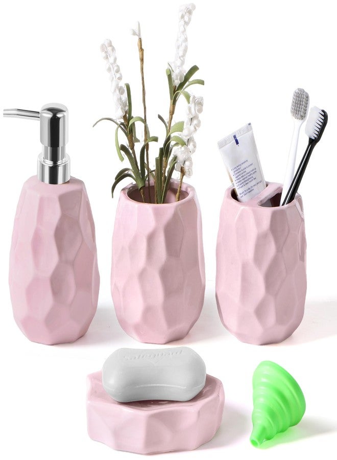 Foinly Ceramic Bathroom Accessories Set 4 PCS,Modern Bathroom Accessory Set,Include Toothbrush Holder,Soap Dispenser, Tumbler,Vanity Tray,Bathroom Sets Decor Organizer with Soap Dish,Apothecary Jar (Pink) - Image 1