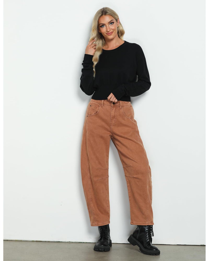 GRAPENT Barrel Jeans for Women Balloon Wide Leg Cropped Trendy Jeans Boyfriend High Waisted Jean Pants Casual Stretchy Summer Denim Trousers Color Caramel Large Size 12 to 14 - Image 4