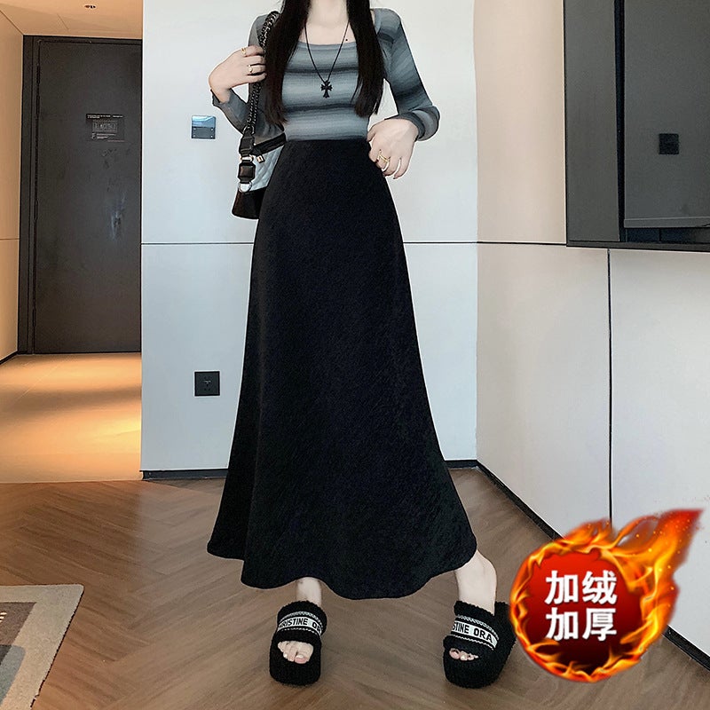 2024 Fall/Winter Ancra Red Rice Grain Velvet Fleece-Lined Fishtail Skirt High Waist Long Skirt - Image 4