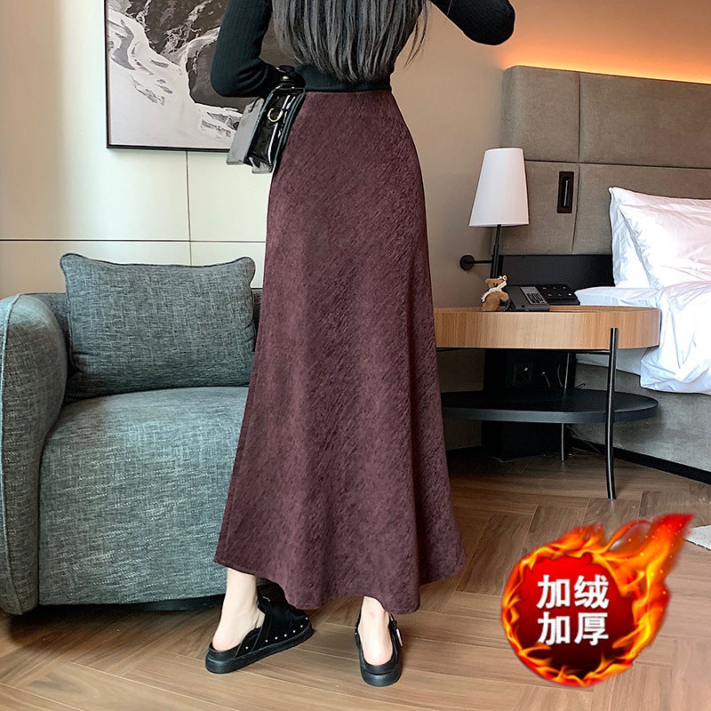 2024 Fall/Winter Ancra Red Rice Grain Velvet Fleece-Lined Fishtail Skirt High Waist Long Skirt - Image 5