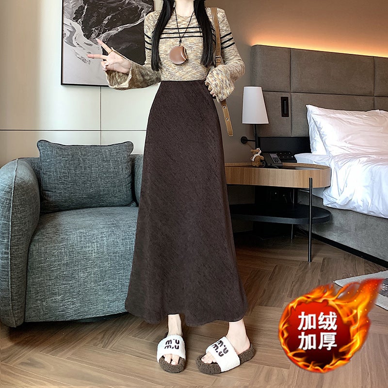 2024 Fall/Winter Ancra Red Rice Grain Velvet Fleece-Lined Fishtail Skirt High Waist Long Skirt - Image 2